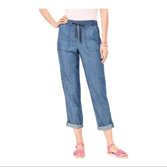 Talbots Drawstring Cuffed Pant Chambray Blue Denim Ankle Cropped Relaxed-Fit 10 - Picture 1 of 8